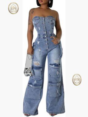 Denim Jumpsuit Strapless Wide Leg Loose Fit Multi Pockets